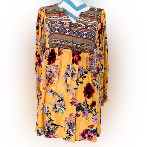 Umgee Boho Flower Dress Marigold with Flowers - Picture 1 of 10